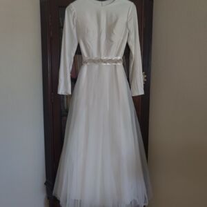 Long Sleeve White Bridal Gown with Beaded Waist